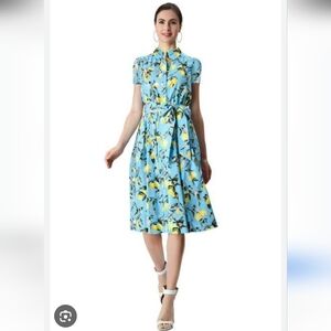 eshakti lemon print cotton poplin shirtdress Blue Yellow Size 3X 24W